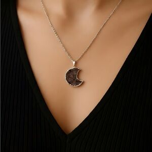Red Amethyst Silver Plated Crescent Moon Pendant Necklace on Figaro Chain